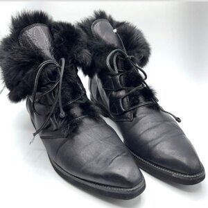 Stuart Weitzman Black Leather Faux Fur Lace Up Ankle Booties Made in Spain 10AA